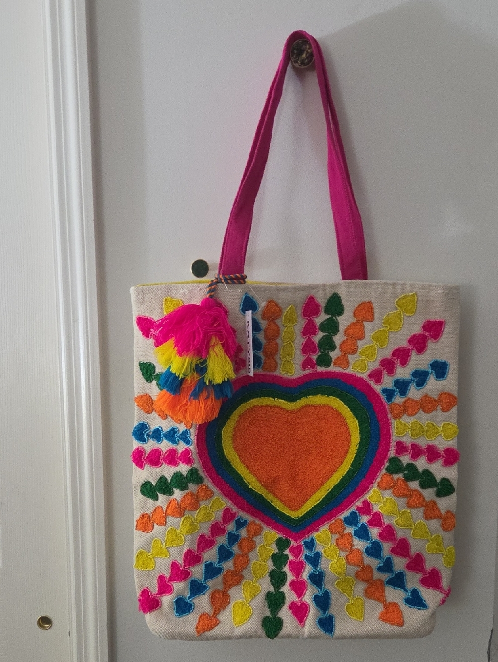 KatyDid Colorful Heart Embroidered Tote Bag with Tassel NWT